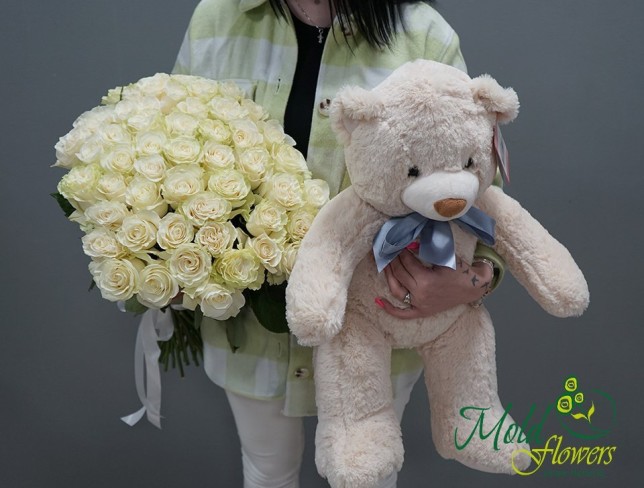 Set: 51 Dutch White Roses 50 cm + Teddy Bear Danilka, Height 76 cm photo
